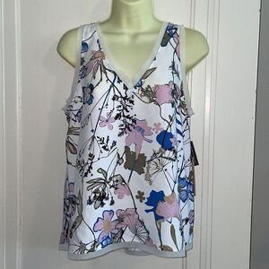NWT Halogen white, pink & blue floral polyester sleeveless V neck blouse